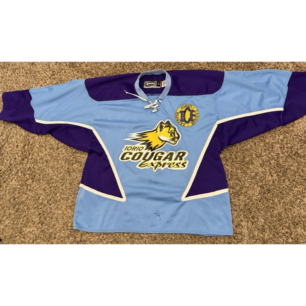 Rare Bakka Iorio Cougar Express Hockey Jersey #19 Blue Yellow Mens Size Medium